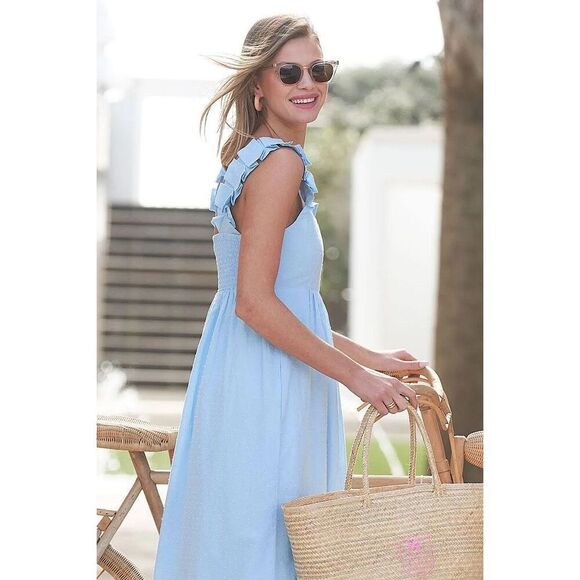 LAKE Lolly Midi Dress Morning Blue Swiss Dot Pockets Small Nap Dress - Picture 3 of 8